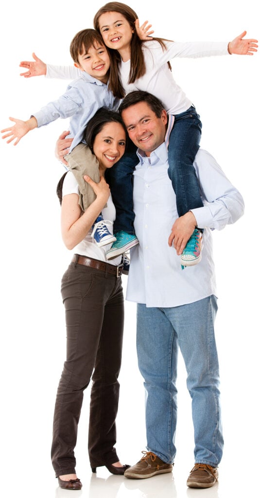 Happy family smiling, kids have their arms out.
