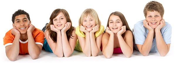 Five students smiling, resting their heads in their hands.