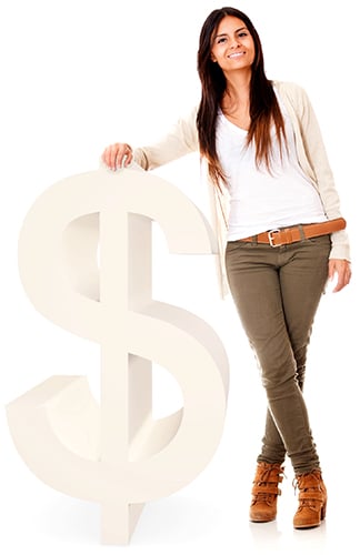 Woman leaning on a large white dollar sign.